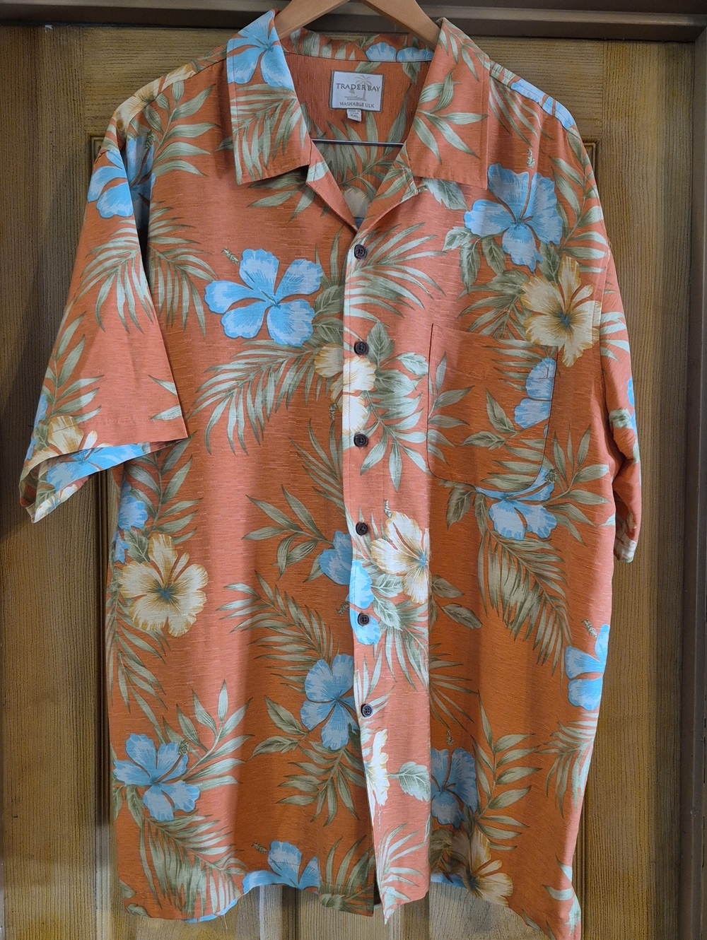 Trader Bay Orange Floral Short-Sleeve Button-Down Shirt Washable 100% Silk XXL